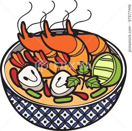 Hand Drawn spicy prawn soup or Thai food illustration Hand Drawn spicy prawn soup or Thai food illustration 97877406