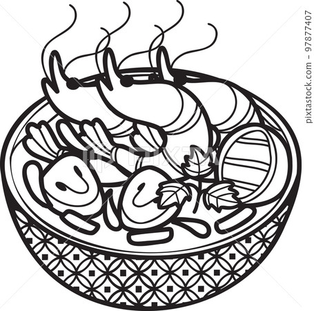 Hand Drawn spicy prawn soup or Thai food illustration Hand Drawn spicy prawn soup or Thai food illustration 97877407