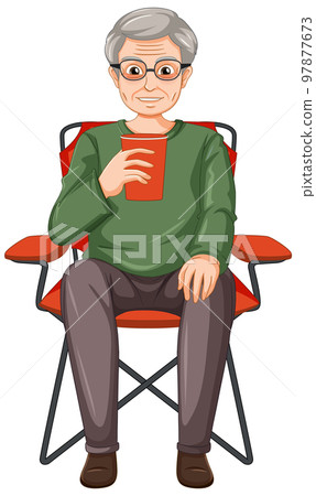 A male senior cartoon character drinking coffee on camping chair 97877673