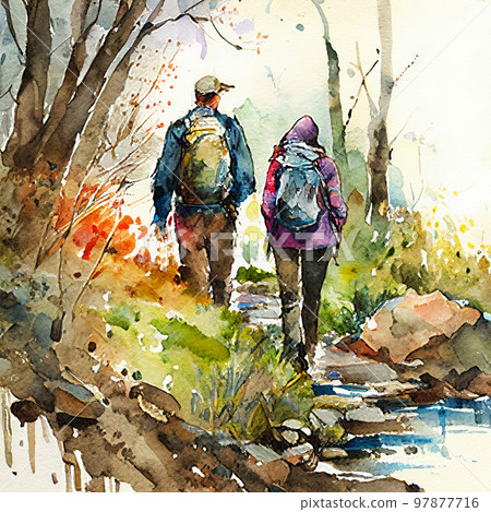Watercolor painting Hiking couple AI image - Stock Illustration