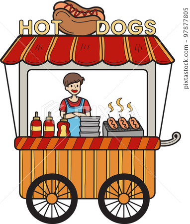 Hand Drawn Street food cart with hot dogs illustration 97877805