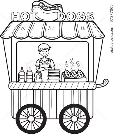 Hand Drawn Street food cart with hot dogs illustration Hand Drawn Street food cart with hot dogs illustration 97877806
