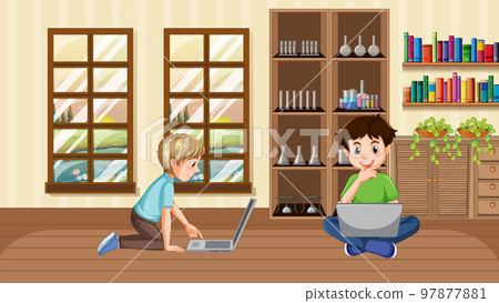 At home scene with two boys using their laptops At home scene with two boys using their laptops 97877881