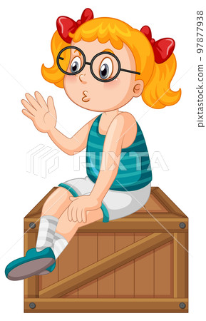 Cute girl sitting on wooden box Cute girl sitting on wooden box 97877938
