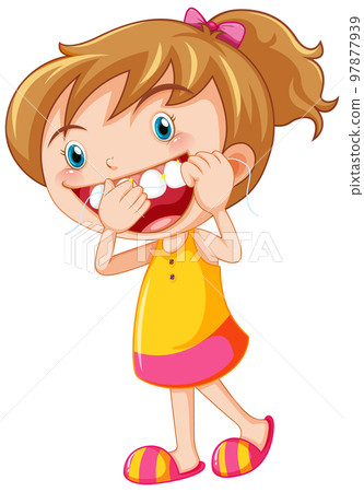 Cute girl cartoon character flossing teeth Cute girl cartoon character flossing teeth 97877939