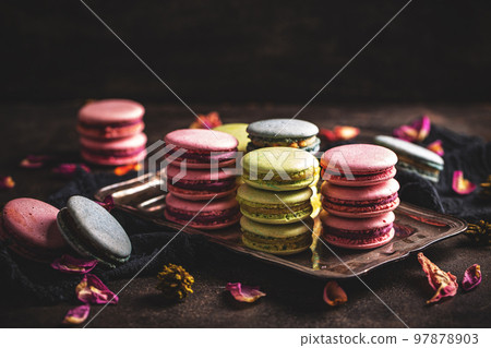 Macarons on vintage tray 97878903