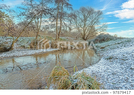 Image of a stream flowing through a winter forest 97879417