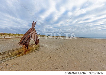 Picture of the historical bunkers with horse heads at the beach of Balvand in Denmark 97879697
