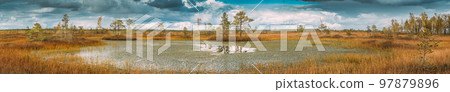 Miory District, Vitebsk Region, Belarus. Panoramic View On Yelnya Nature Reserve. Yelnya Reserve (or Elnya) Is Biggest Swamp Complex In Belarus. Bright Colored Dramatic Sky Above Wetland. Yelnya Swamp Miory District, Vitebsk Region, Belarus. Panoramic View On Yelnya Nature Reserve. Yelnya Reserve (or Elnya) Is Biggest Swamp Complex In Belarus. Bright Colored Dramatic Sky Above Wetland. Yelnya Swamp 97879896