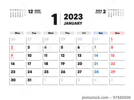 Calendar for January 2023-Monthly calendar starting Monday with Japanese holidays-3 months A version ratio 97880006