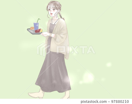 A woman who orders and carries a hamburger set (with background) 97880210