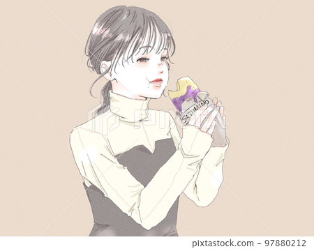 A woman who eats delicious baked sweet potato (with background) A woman who eats delicious baked sweet potato (with background) 97880212