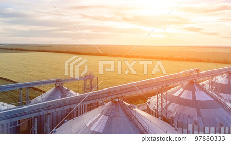 Grain elevator. Metal grain elevator in agricultural zone. Agriculture storage for harvest. Grain silos on green nature background. Exterior of agricultural factory. Sunset warm light. Nobody. Grain elevator. Metal grain elevator in agricultural zone. Agriculture storage for harvest. Grain silos on green nature background. Exterior of agricultural factory. Sunset warm light. Nobody. 97880333