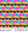 Happy Smiling Pineapple in Sunglasses Retro Abstract Pop Art Style Seamless Vector Pattern 97880338