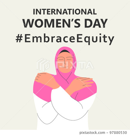 International Womens Day. IWD. 8 march. Campaign 2023 theme Hashtag EmraceEquity. Embrace Equity. A beautiful Muslim woman in a headscarf hugs herself. International Womens Day. IWD. 8 march. Campaign 2023 theme Hashtag EmraceEquity. Embrace Equity. A beautiful Muslim woman in a headscarf hugs herself. 97880530
