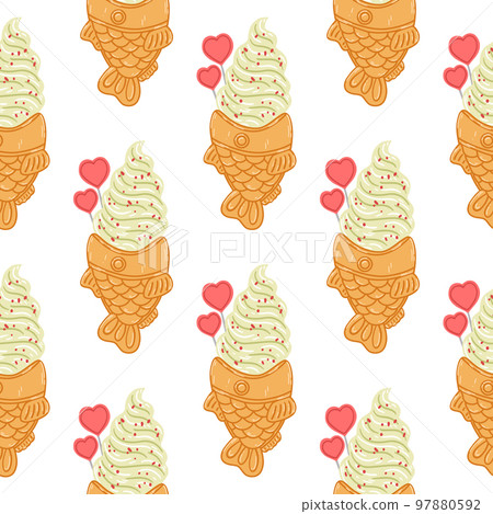 Seamless pattern with taiyaki fish-shaped ice cream cone in cartoon flat style. Hand drawn vector background with traditional Japanese food, sweet, dessert Seamless pattern with taiyaki fish-shaped ice cream cone in cartoon flat style. Hand drawn vector background with traditional Japanese food, sweet, dessert 97880592