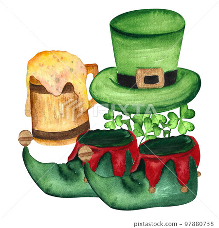 leprechaun hat and boots, shamrock and mug of beer watercolor. on isolated white background, hand drawn. Perfect for card design, invitation, scrapbooking, fabric printing. leprechaun hat and boots, shamrock and mug of beer watercolor. on isolated white background, hand drawn. Perfect for card design, invitation, scrapbooking, fabric printing. 97880738