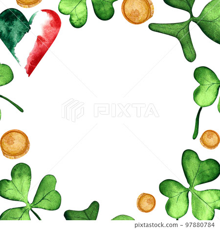 frame with shamrock, coins and Irish frag watercolor. on isolated white background, hand drawn. Perfect for card design, invitation, scrapbooking, fabric printing. 97880784