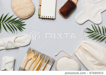Zero waste concept. Eco-friendly home daily accessories. top view 97880933