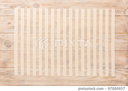 Top view of light tablecloth for food on wooden background. Empty space for your design 97880937