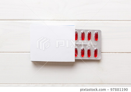 Blank White Product Package Box Mock-up. Open blank medicine drug box with Vatamin a blister top view Blank White Product Package Box Mock-up. Open blank medicine drug box with Vatamin a blister top view 97881190