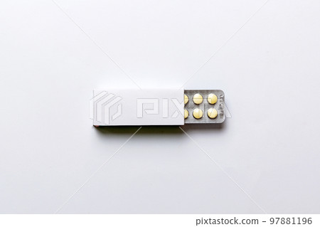 Blank White Product Package Box Mock-up. Open blank medicine drug box with blister top view Blank White Product Package Box Mock-up. Open blank medicine drug box with blister top view 97881196