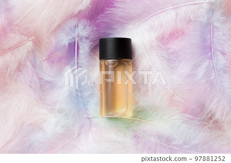 Spa cosmetic product, cream bottle, branding mock up, top view with feathers background. Flat lay 97881252