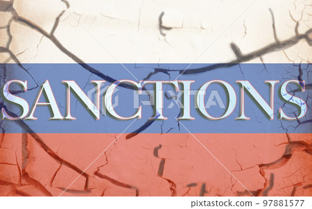 Flag of Russian Federation on cracked concrete wall with word sanctions. 97881577