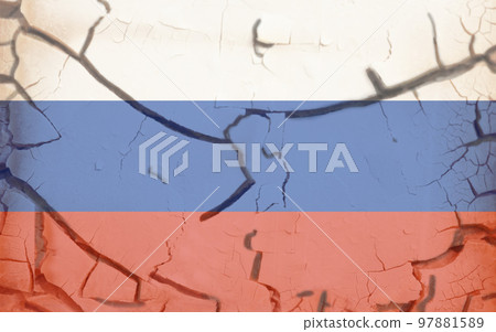 Russian Federation flag on cracked concrete wall. Russian Federation flag on cracked concrete wall. 97881589