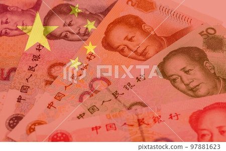 Double exposure of Chinese flag with Chinese yuan banknotes 97881623