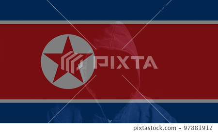 Double exposure of North Korea flag and Anonymous person in hood 97881912
