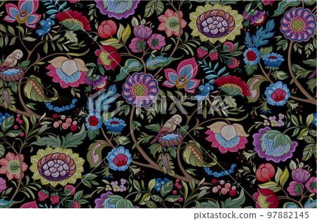 Fantasy flowers in retro, vintage, jacobean embroidery style. Fantasy flowers in retro, vintage, jacobean embroidery style. 97882145