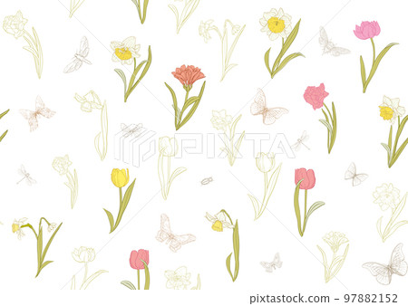 Daffodils and tulips flowers, the early spring flowers. Seamless pattern Daffodils and tulips flowers, the early spring flowers. Seamless pattern 97882152