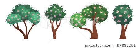 Set of Cartoon Blooming Trees and Bushes. Forest And Garden Landscape Elements with Spring or Summer Foliage and Flowers 97882291