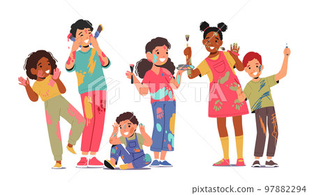 Cute Children Group with Dye Spots on Clothes, Face and Hands. Happy Kids Holding Brushes, Palette and Pencils 97882294