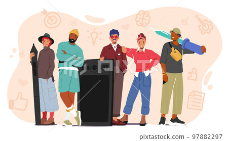 Team of Creative People, Male and Female Characters Designers, Artists, Painters Standing Together with Digital Tools 97882297