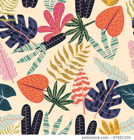 Seamless Tropical Botanical Background, Rainforest Plants, Nature Ornament for Textile. Floral Print with Exotic Leaves 97882300