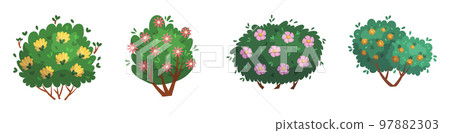 Set of Cartoon Blooming Forest or Garden Trees. Isolated Game Assets, Decorative Landscape Plants And Shrubs 97882303