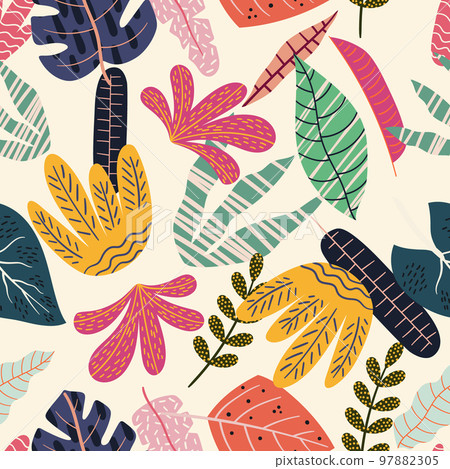 Tropical Floral Pattern with Colorful Leaves and Branches in Cute Scandinavian Style. Seamless Botanical Background 97882305