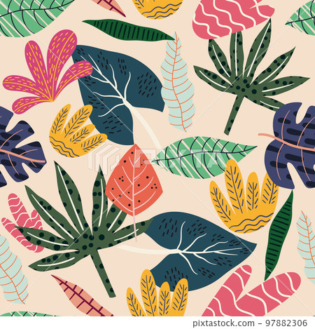 Seamless Tropical Botanical Background. Wallpaper or Wrapping Paper, Floral Print with Exotic Monstera and Palm Leaves 97882306