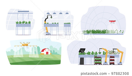Set Of Smart Farm And Greenhouse Technology. Automated Robotics Agriculture, Innovative Cyborgs Care Of Plants 97882308