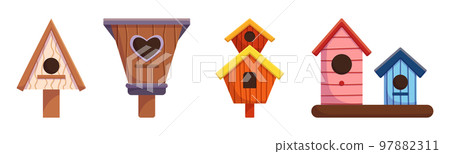 Set of Funny Wooden Bird Houses, Colorful Birdhouses, Home or Nest with Roof, Round or Heart Shaped Hole, Feeders 97882311