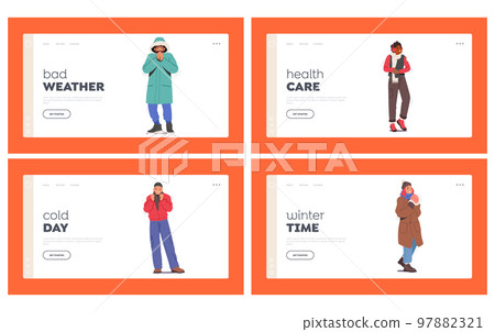 Freezing People at Cold Weather Landing Page Template Set. Male and Female Characters Wearing Warm Winter Clothes 97882321