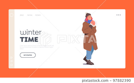 Winter Time Landing Page Template. Freezing Female Character Wrapped in Warm Clothes, Hat, Scarf, Mittens, Boots 97882390