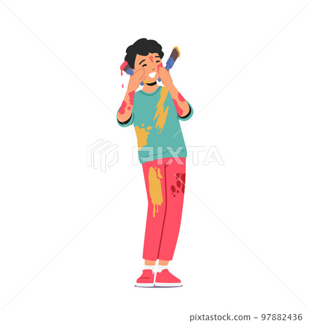 Cute Little Child Covered with Paints, Funny Boy Holding Brushes with Dye Spots on Clothes, Face and Hands 97882436