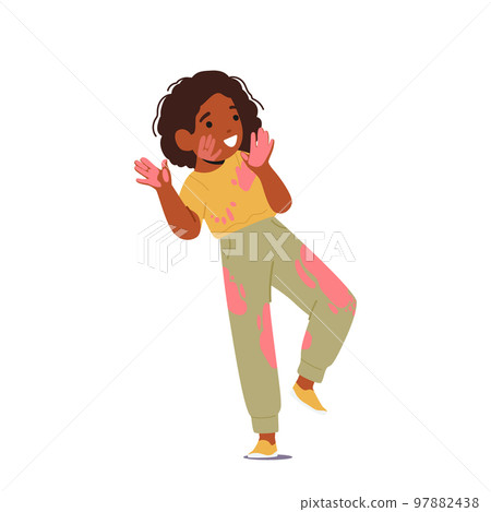 Cute Little Girl with Dye Spots on Clothes, Face and Hands. Happy Childhood, Talented Black Child Character Painting 97882438