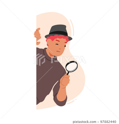 Detective, Secret Service Agent, Investigator or Business Competitor Peeking from behind of Wall with Magnifying Glass Detective, Secret Service Agent, Investigator or Business Competitor Peeking from behind of Wall with Magnifying Glass 97882440