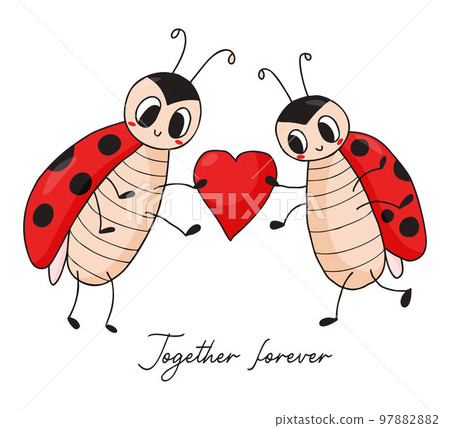 Valentine card with cute ladybugs. Loving couple of funny insects ladybird with heart. Together forever. Vector illustration. Hand drawn doodle style. Valentine card with cute ladybugs. Loving couple of funny insects ladybird with heart. Together forever. Vector illustration. Hand drawn doodle style. 97882882
