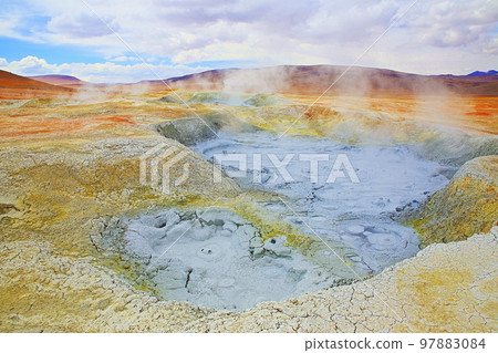 Geysers in Bolivia altiplano, bolivian Andes near Atacama of Chile Geysers in Bolivia altiplano, bolivian Andes near Atacama of Chile 97883084