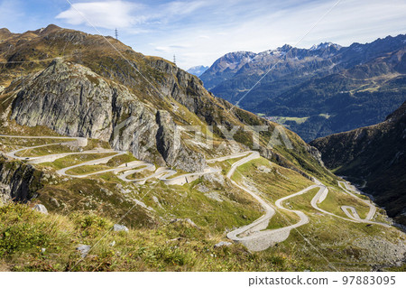 St. Gotthard mountain pass, dramatic road with swiss alps, Switzerland 97883095